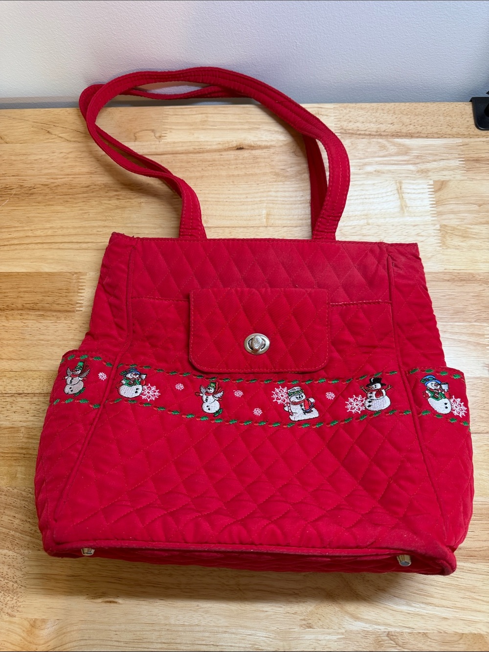 Red Quilted Holiday Tote Bag with Embroidered Snowman Trim